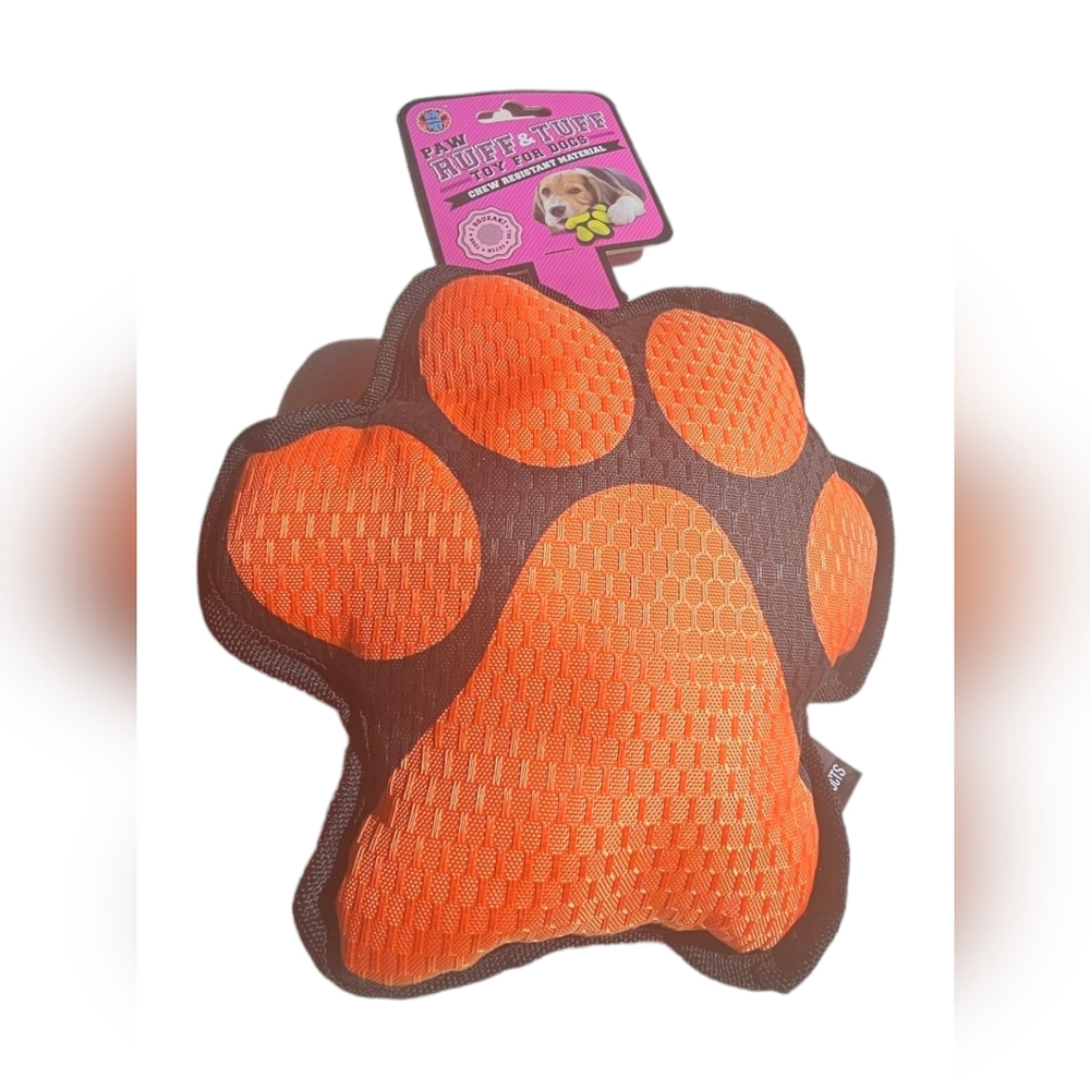 NWT Bow Wow Orange Pet Ruff & Tuff Chew Resistant PAW Shaped SqueakyToy